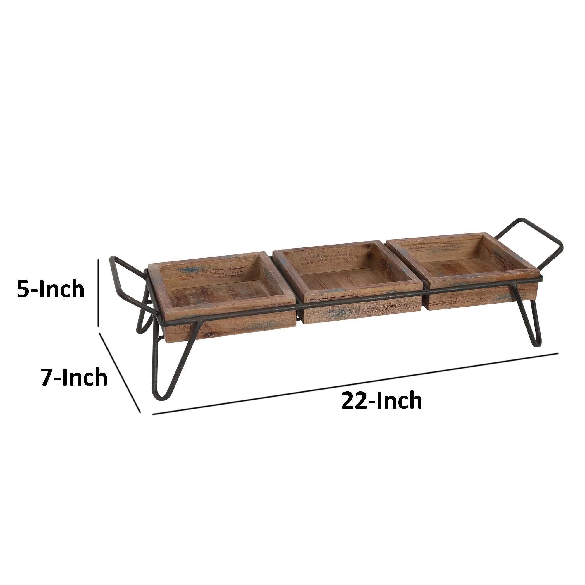 Artisinal Wood Serving Tray, 3 Seperate Sections and Metal Frame, Brown/ Black