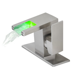 Bathroom Sink Faucet LED Light 3 Colors Changing Waterfall Glass - Brushed Nickel