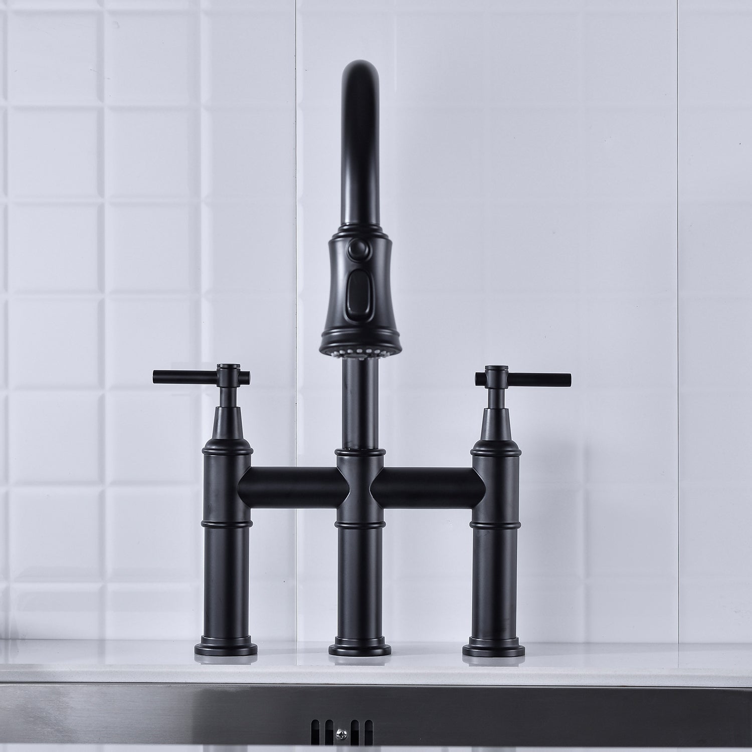Bridge Kitchen Faucet with Pull-Down Sprayhead in Spot - Matte Black