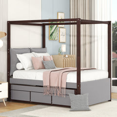 Full Size Upholstered Canopy Bed with Trundle and 3 Drawers - Gray