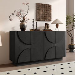 4-Door Large Storage Sideboard, Wood Sideboard Cabinet with Semi-Circular Handles and Adjustable Shelves for Dining Room, Kitchen, and Living Room (Black)