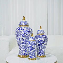 18"H White Ceramic Ginger Jar Vase with Blue & Gold Accents and Removable Lid