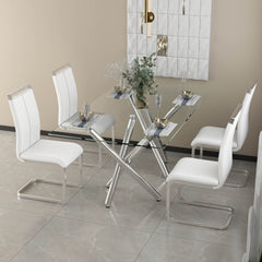 Modern Minimalist Rectangular Glass Dining Table for 6-8 with 0.39" Tempered Glass Tabletop and Silver Chrome Metal Legs