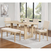6 Piece Dining Table Set with Bench, Wooden Rectangular Kitchen Table Set with Bench and 4 Upholstered Chairs for Living Room, Kitchen, Dining Room, U-shaped base, Light Oak & Beige