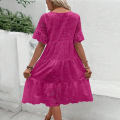 Women's Eyelet Lace Summer Dress, Short Sleeve, A-Line, Knee Length