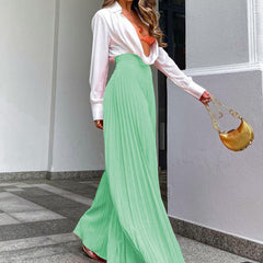 Women's High Waist Pleated Wide Leg Zipper Pants, Mint Green, Elegant Style