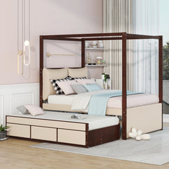 Full Size Upholstered Canopy Bed with Trundle and 3 Drawers - Beige