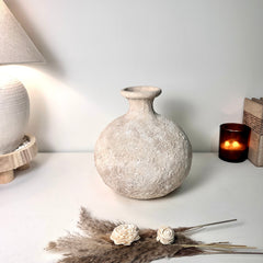 Rustic Hand-Painted Ceramic Round Bottle Vase 12" tall - Cream Sand Wash