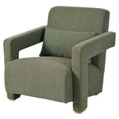 Mirod Sleek Right-Angle Armrests Accent Chair with Ergonomic Lumbar Support, Green Boucle, Wooden Block Legs