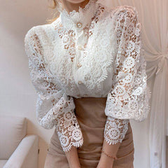 Elegant Women's Vintage Pearl Button Lace Blouse - Puff Sleeve Semi-Sheer Ruffled Stand Collar Shirt