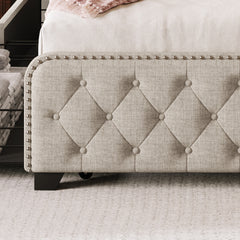 King Bed with Four Drawers, Button Tufted Headboard and Footboard Sturdy Metal Support, No Box Spring Required - Beige