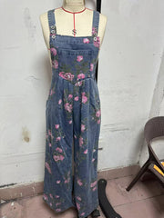 Women's Floral Print Denim Overalls, Wide Leg Jumpsuit, Sleeveless with Pockets