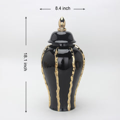 18.50"H Elegant Black Ceramic Ginger Jar Vase with Gold Accents and Removable Lid