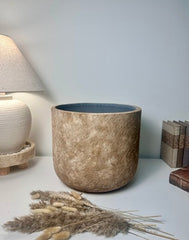Rustic Hand-Painted & Textured Planter 12" tall with drainage hole one time creation - Brown washed