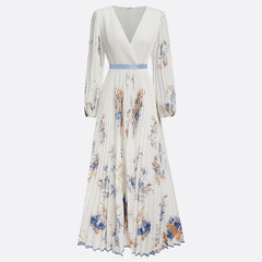Women's Floral Print V-Neck Long Sleeve Maxi Dress A-Line Flowy Ruffled For Spring&Summer Vacation & Evening Party