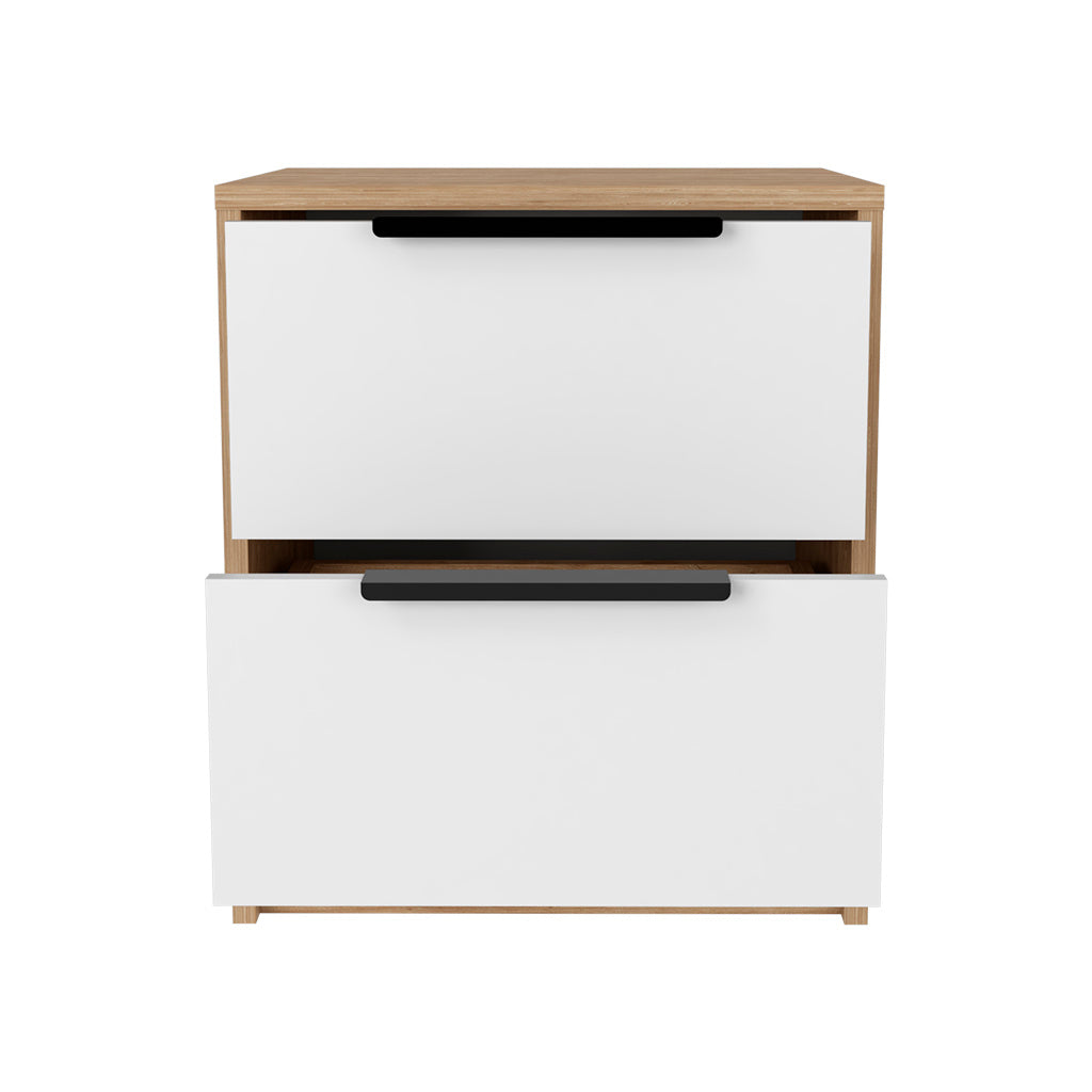 Nightstand Cervants, Two Drawers, Metal Handle - White / Pine Finish