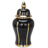 14"H Black Linear Gilded Ginger Jar with Removable Lid