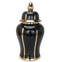 14"H Black Linear Gilded Ginger Jar with Removable Lid