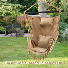 Hanging Rope Swing Chair with Soft Pillow and Cushions - Beige