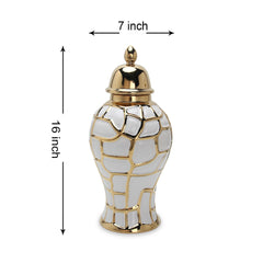16"H Regal White and Gold Ceramic Decorative Ginger Jar
