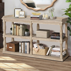 Console Table with 3-Tier Open Storage Spaces And Roman Column Effect Support Legs - Antique Wood+White