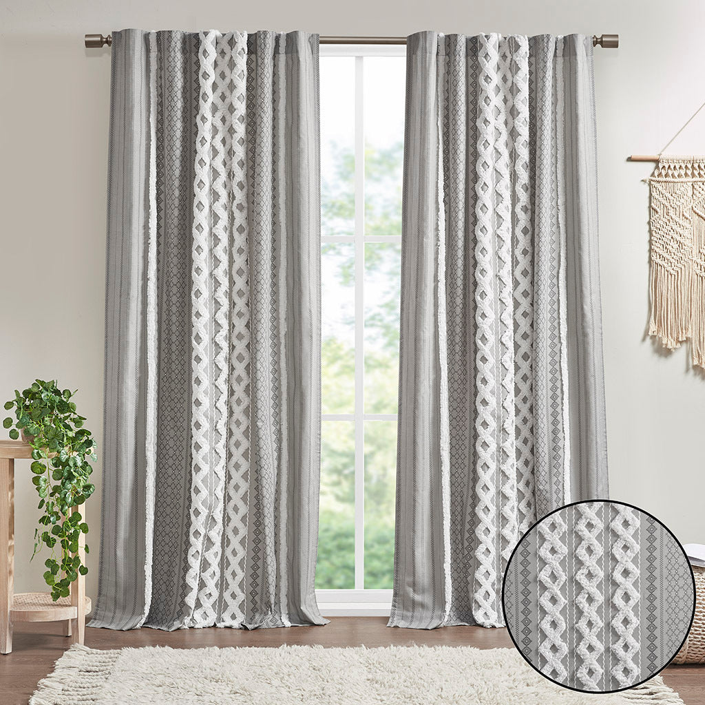 Cotton Printed Curtain Panel with Chenille Stripe and Lining - Gray