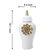 White Ginger Jar with Gilded Flower - Timeless Home Decor