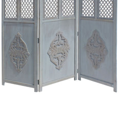 Three Panel Wooden Room Divider with Traditional Carvings and Cutouts - Blue