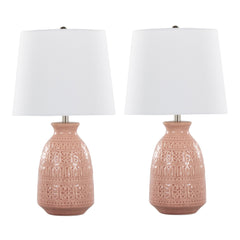 20" Contemporary Accent Lamp in Rose Tan Ceramic, Polished Nickel Accents and White Linen Shade - Set of 2