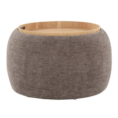 Tray Pouf Contemporary Ottoman in Natural Wood and Brown Fabric