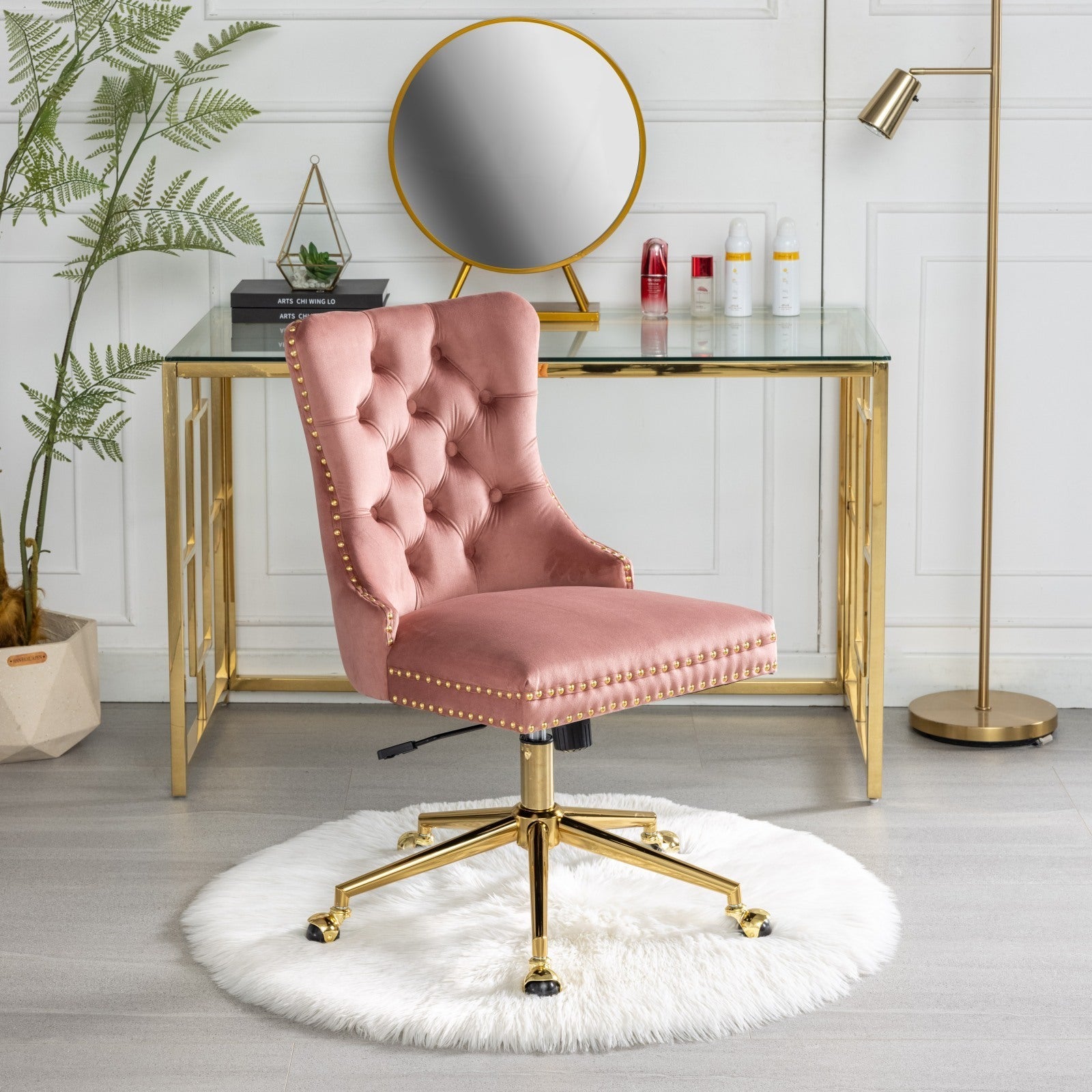 Velvet Upholstered Tufted Button Home Office Chair with Golden Metal Base, Adjustable Desk Chair Swivel Office Chair - Pink