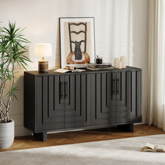 Modern sideboard, 59''×15.75''×32.5'' storage cabinet with 4 doors, MDF and ash veneer, with metal handles, black finish, suitable for dining/living room storage