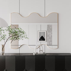 Wall Mirror 30x35 Inch Golden Rectangular Mirror with 2 Wavy Sides Metal Framed Mirror
