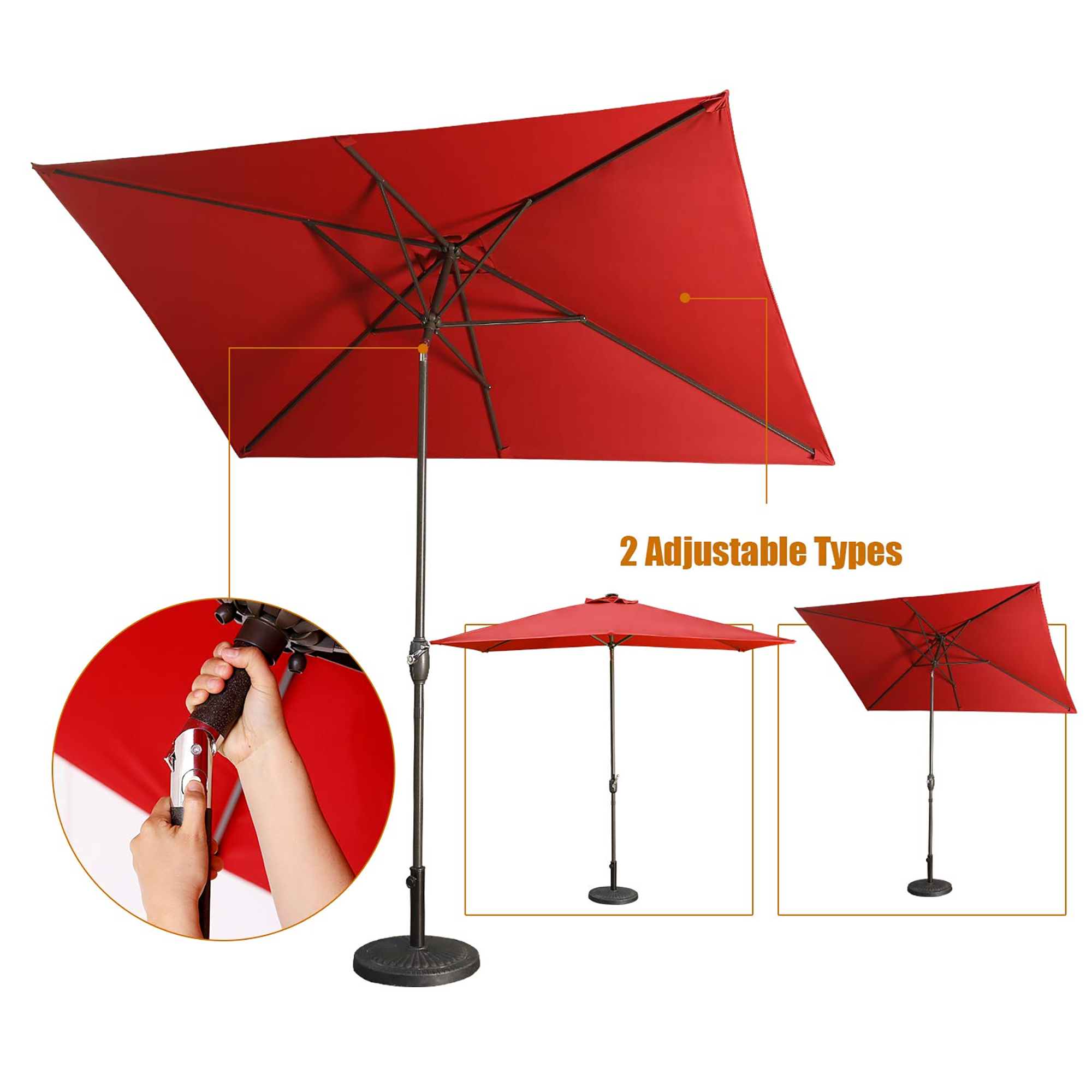 Rectangular Patio Umbrella 6.5 ft. x 10 ft. with Tilt, Crank and 6 Sturdy Ribs for Deck, Lawn, Pool Red