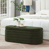 Modern Oval Storage Ottoman Bench, Upholstered Boucle Teddy Fabric End of Bed Bench with Storage, End of Bed Stool with Safety Hinge for Bedroom, Living Room, Entryway, Dark Green