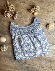 Women's Floral Print Off-Shoulder Blouse, Long Balloon Sleeves, Blue and White Pattern