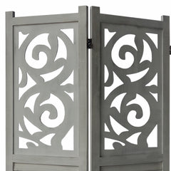 Paulownia Wood Panel Divider Screen, 67 Inch Ornate Scrolled Shutter Design, 3 Panels - Rustic Gray