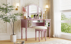 43" Makeup Vanity Set with Mirrored Drawers and Stool - Rose Gold