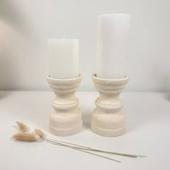 Set of 2 Candle Holders Minimalist Style Hand-Painted and Textured Wood 6" tall each - Cream White