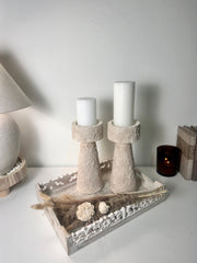 Set of 2 candle holder tray and stick minimalist style 11" tall - Cream wash