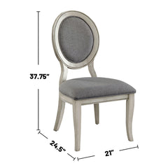 Set of 2 Padded Gray Fabric Dining Chairs in Antique White Finish