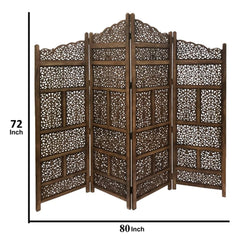 Royal Hampton Hand Carved Foldable 4 Panel Wooden Partition Screen/RoomDivider,Brown