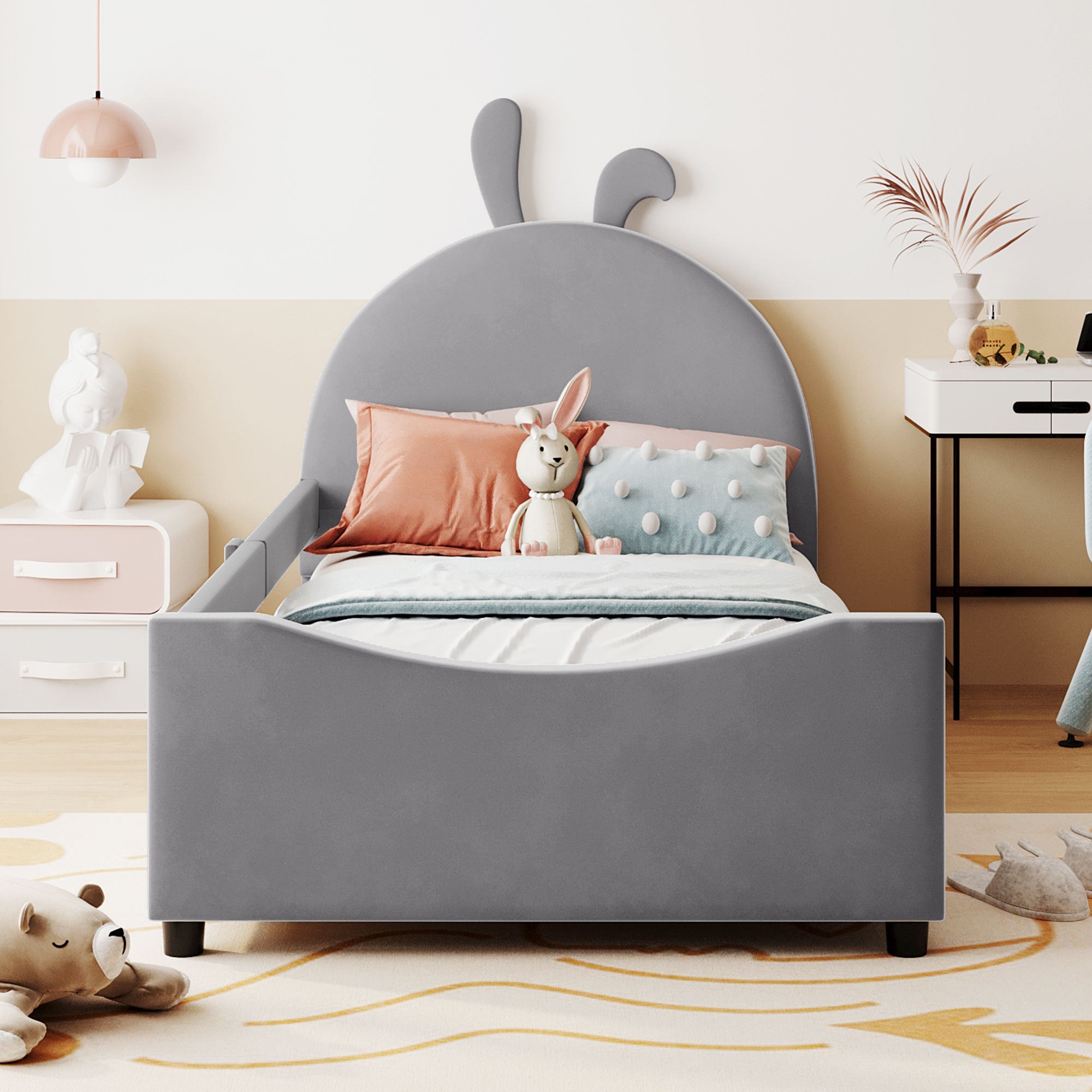 Twin Size Upholstered Daybed with Rabbit Ear Shaped Headboard - Gray