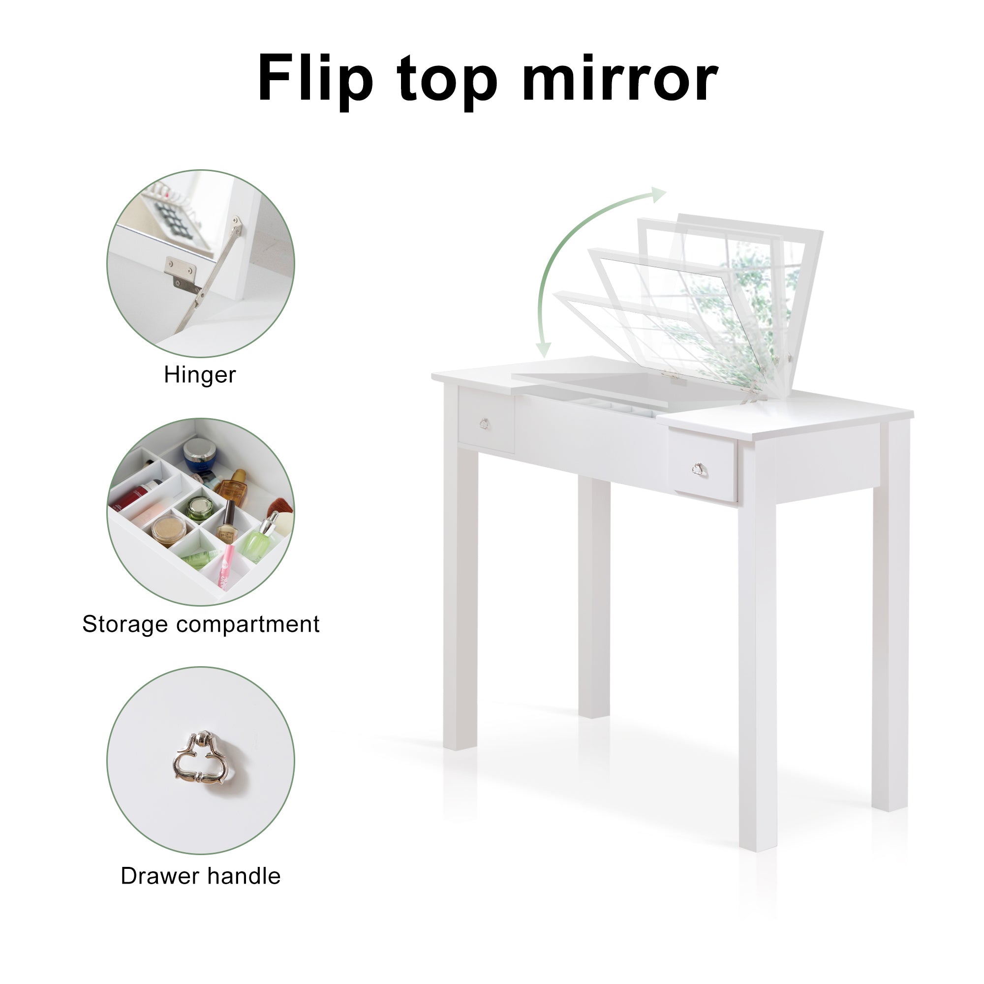 Accent White Vanity Table with Flip-Top Mirror and 2 Drawers