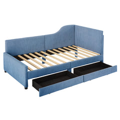 Twin Size L-Shaped Corduroy Daybed,Upholstered Bed Frame with 2 Storage Drawers,Blue
