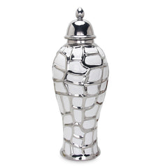 16"H Regal White and Silver Ceramic Decorative Ginger Jar