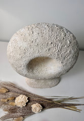 Abstract Minimalist Sculpture Made of Organic Stone, White Donut-Shaped Textured 13" - Cream