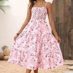 Women's Floral Midi Dress, Smocked Bodice, Spaghetti Strap, Tiered Summer Dress