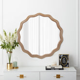 23.62 inches Wood Round Wavy Wall Mirror Round Wall Mirror Scalloped Mirror -Large Decorative Wood Framed Hanging Circle Mirror Modern Farmhouse Decor for Bathroom,Living Room, Nursery Decor