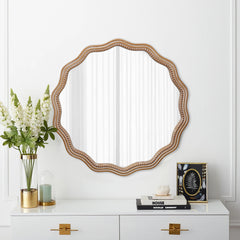 23.62 inches Wood Round Wavy Wall Mirror Round Wall Mirror Scalloped Mirror -Large Decorative Wood Framed Hanging Circle Mirror Modern Farmhouse Decor for Bathroom,Living Room, Nursery Decor